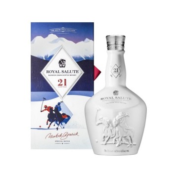 Royal Salute Snow Polo Bottle and gift box, shot straight on, on a white background